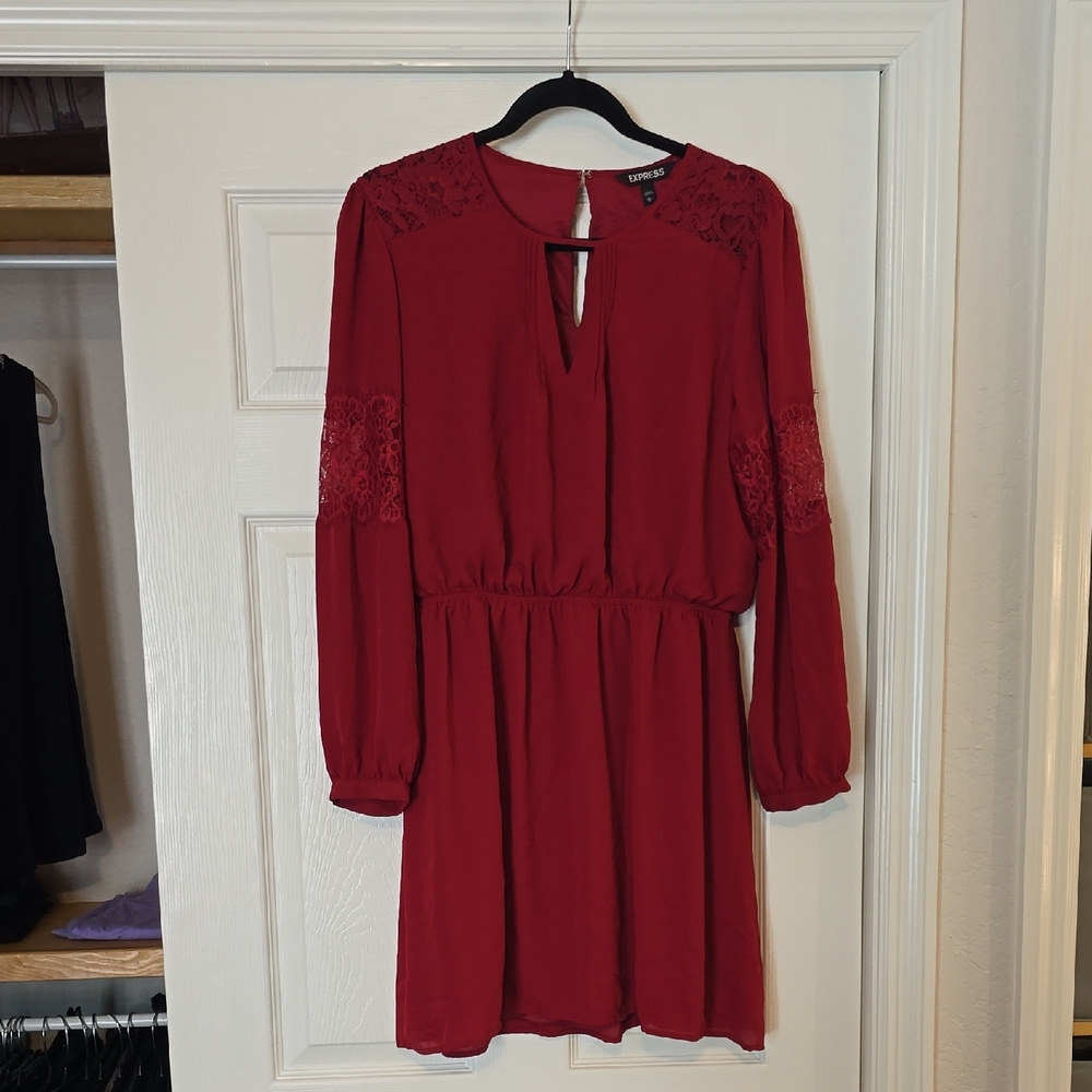 Express Red Long Sleeve Dress with Lace Detail